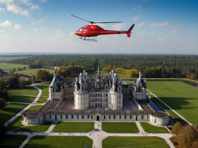 Excursion VIP en hélicoptère privé : Les châteaux de la Loire : Chambord et Beauregard. Avec le service de vols à la demande d'AB Corporate Aviation, vol-helicoptere-chateaux-de-la-loire-chambord-survol.
