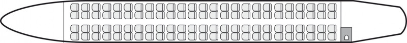 Plan d'aménagement intérieur de la cabine de Bombardier CRJ 1000, grande capacité, aménagement de la cabine : avion de ligne, nombre max. de passagers : 100, avec équipage : 2 pilotes, 2 hôtesses, destiné à la location pour des vols à la demande en avion de ligne.