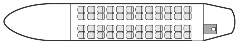 Plan d'aménagement intérieur de la cabine de Avro Business Jet BAE 146 VIP, court et moyen courrier, cabine de grandes dimensions, aménagement VIP, nombre max. de passagers : 46, avec équipage : 2 pilotes et 2 hôtesses, destiné à la location pour des vols à la demande en jet d'affaire.