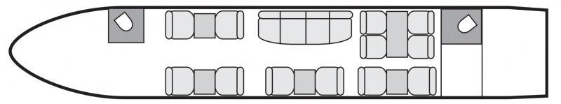 Plan d'aménagement intérieur de la cabine de Bombardier Challenger 850 SE, court et moyen courrier, cabine de grandes dimensions, aménagement VIP, nombre max. de passagers : 16, avec équipage : 2 pilotes, 1 ou 2 hôtesses, destiné à la location pour des vols à la demande en avion privé.