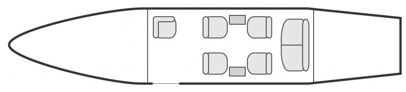 Plan d'aménagement intérieur de la cabine de Bombardier LearJet 31, court et moyen courrier, cabine de dimensions standard, nombre max. de passagers : 7, avec équipage : 2 pilotes, destiné à la location pour des vols à la demande en avion taxi.