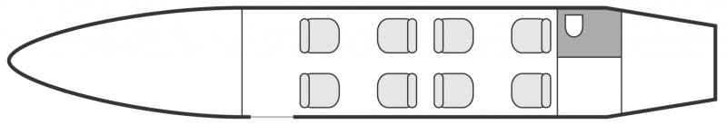 Plan d'aménagement intérieur de la cabine de Bombardier LearJet 45, court et moyen courrier, cabine de dimensions standard, nombre max. de passagers : 8, avec équipage : 2 pilotes, destiné à la location pour des vols à la demande en jet privé.