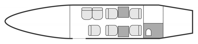 Plan d'aménagement intérieur de la cabine de Bombardier LearJet 55, court et moyen courrier, cabine de dimensions moyennes, nombre max. de passagers : 7, avec équipage : 2 pilotes, destiné à la location pour des vols à la demande en avion privé.