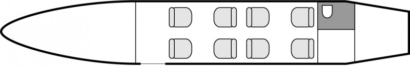 Plan d'aménagement intérieur de la cabine de Bombardier LearJet 75, court et moyen courrier, cabine de dimensions standard, nombre max. de passagers : 8, avec équipage : 2 pilotes, destiné à la location pour des vols à la demande en avion privé.