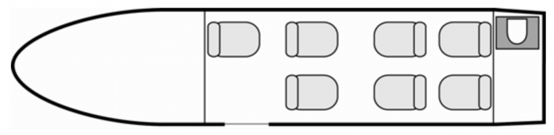 Plan d'aménagement intérieur de la cabine de Cessna Citation II Bravo, court et moyen courrier, cabine de dimension standard, nombre max. de passagers : 8, avec équipage : 2 pilotes, destiné à la location pour des vols à la demande en avion taxi.