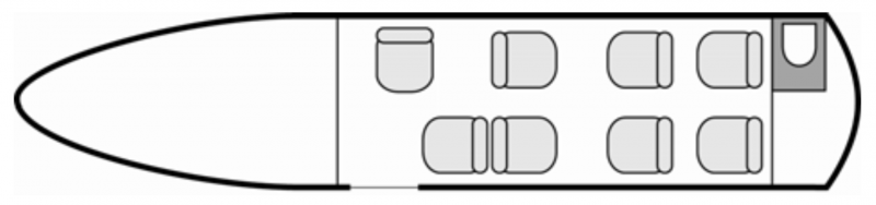 Plan d'aménagement intérieur de la cabine de Cessna Citation III, court et moyen courrier, cabine de dimensions moyennes, nombre max. de passagers : 8, avec équipage : 2 pilotes, destiné à la location pour des vols à la demande en avion privé.