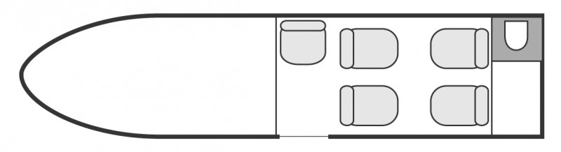 Plan d'aménagement intérieur de la cabine de Cessna CitationJet CJ1, court et moyen courrier, cabine de dimensions standard, nombre max. de passagers : 5, avec équipage : 2 pilotes, destiné à la location pour des vols à la demande en avion taxi.