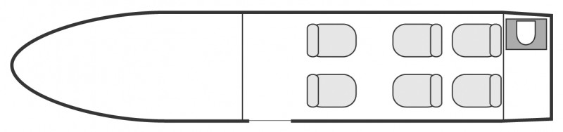 Plan d'aménagement intérieur de la cabine de Cessna CitationJet CJ2, court et moyen courrier, cabine de dimensions standard, nombre max. de passagers : 6, avec équipage : 2 pilotes, destiné à la location pour des vols à la demande en jet privé.