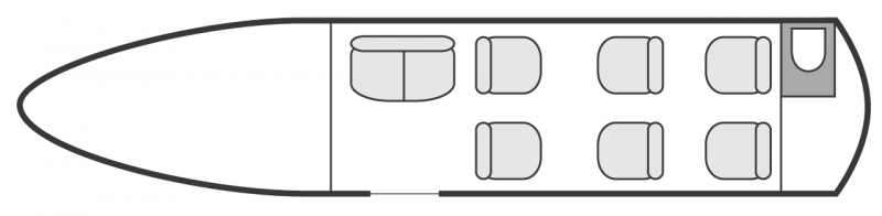 Plan d'aménagement intérieur de la cabine de Cessna CitationJet CJ4, court et moyen courrier, cabine de dimensions standard, nombre max. de passagers : 8, avec équipage : 2 pilotes, destiné à la location pour des vols à la demande en avion d'affaire.