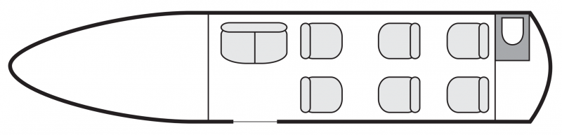 Plan d'aménagement intérieur de la cabine de Cessna Citation Latitude, court et moyen courrier, cabine de dimensions moyennes, nombre max. de passagers : 8, avec équipage : 2 pilotes - (1 hôtesse sur demande), destiné à la location pour des vols à la demande en jet privé.