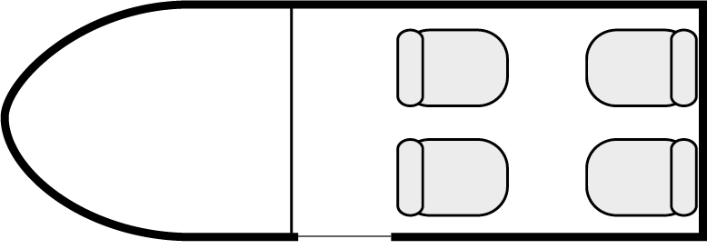 Plan d'aménagement intérieur de la cabine de Cessna Citation Mustang, court et moyen courrier, cabine de dimensions standard, nombre max. de passagers : 4, avec équipage : 2 pilotes, destiné à la location pour des vols à la demande en avion taxi.