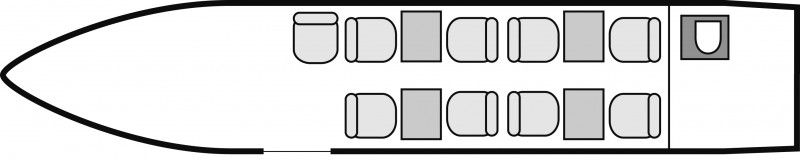 Plan d'aménagement intérieur de la cabine de Cessna Citation Sovereign, court et moyen courrier, cabine de dimensions moyennes, nombre max. de passagers : 9, avec équipage : 2 pilotes, destiné à la location pour des vols à la demande en avion privé.