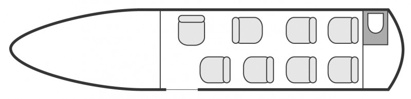 Plan d'aménagement intérieur de la cabine de Cessna Citation VII, court et moyen courrier, cabine de dimensions moyennes, nombre max. de passagers : 9, avec équipage : 2 pilotes, destiné à la location pour des vols à la demande en jet d'affaire.