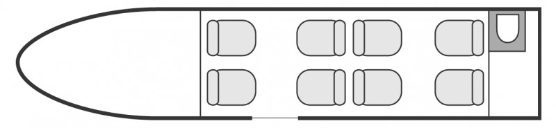 Plan d'aménagement intérieur de la cabine de Cessna Citation V Ultra, court et moyen courrier, cabine de dimension standard, nombre max. de passagers : 8, avec équipage : 2 pilotes, destiné à la location pour des vols à la demande en avion taxi.