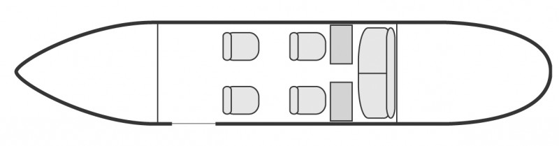 Plan d'aménagement intérieur de la cabine de Dassault Falcon 10, court et moyen courrier, cabine de dimension standard, nombre max. de passagers : 6, avec équipage : 2 pilotes, destiné à la location pour des vols à la demande en avion taxi.