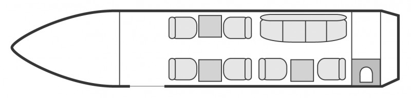 Plan d'aménagement intérieur de la cabine de Dassault Falcon 20, court et moyen courrier, cabine de dimensions moyennes, nombre max. de passagers : 9, avec équipage : 2 pilotes et 1 hôtesse, destiné à la location pour des vols à la demande en jet d'affaire.