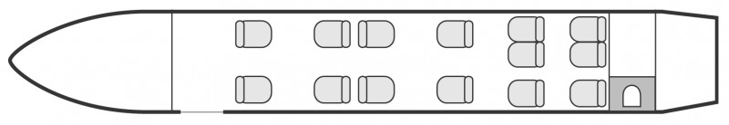 Plan d'aménagement intérieur de la cabine de Dornier 328 Jet executive, court et moyen courrier, cabine de grandes dimensions, aménagement VIP, nombre max. de passagers : 16, avec équipage : 2 pilotes et 1 hôtesse, destiné à la location pour des vols à la demande en avion d'affaire.