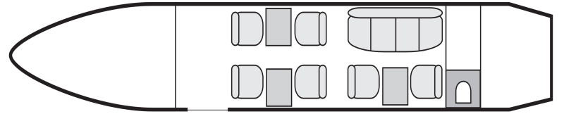 Plan d&#039;aménagement intérieur de la cabine de Embraer Legacy 500, court et moyen courrier, cabine de dimensions moyennes, nombre max. de passagers : 9, avec équipage : 2 pilotes, 1 hôtesse, destiné à la location pour des vols à la demande en avion privé.