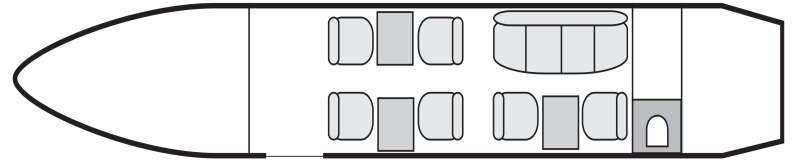 Plan d'aménagement intérieur de la cabine de Embraer Legacy 500, court et moyen courrier, cabine de dimensions moyennes, nombre max. de passagers : 9, avec équipage : 2 pilotes, 1 hôtesse, destiné à la location pour des vols à la demande en avion privé.