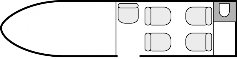 Plan d'aménagement intérieur de la cabine de Embraer Phenom 100, court et moyen courrier, cabine de dimensions standard, nombre max. de passagers : 6, avec équipage : 2 pilotes, destiné à la location pour des vols à la demande en avion taxi.