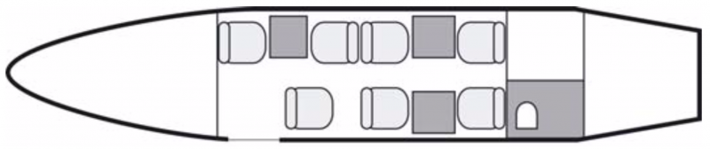 Plan d'aménagement intérieur de la cabine de Gulfstream 100, court et moyen courrier, cabine de dimensions moyennes, nombre max. de passagers : 7, avec équipage : 2 pilotes, destiné à la location pour des vols à la demande en avion taxi.