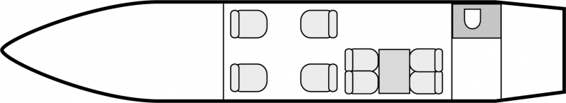 Plan d'aménagement intérieur de la cabine de Gulfstream 200, court et moyen courrier, cabine de grandes dimensions, nombre max. de passagers : 9, avec équipage : 2 pilotes et 1 hôtesse, destiné à la location pour des vols à la demande en avion d'affaire.