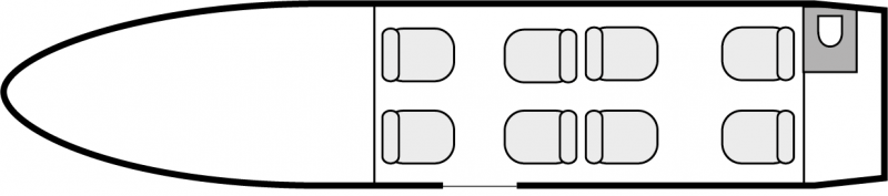 Plan d'aménagement intérieur de la cabine de Hawker 400 XP, court et moyen courrier, cabine de dimensions standard, nombre max. de passagers : 8, avec équipage : 2 pilotes, destiné à la location pour des vols à la demande en avion taxi.