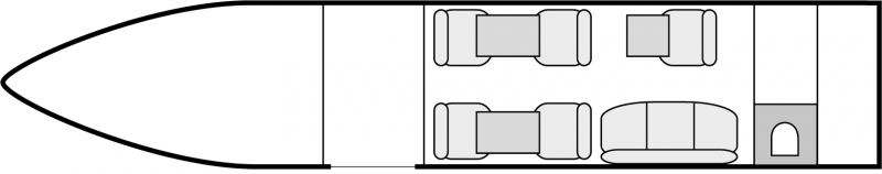 Plan d'aménagement intérieur de la cabine de Hawker 800 XP, court et moyen courrier, cabine de dimensions moyennes, nombre max. de passagers : 9, avec équipage : 2 pilotes - 1 hôtesse sur demande, destiné à la location pour des vols à la demande en jet privé.