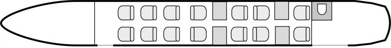 Plan d'aménagement intérieur de la cabine de Beechcraft 1900D VIP, court courrier, cabine de dimension standard, nombre max. de passagers : 14, avec équipage : 2 pilotes et 1 hôtesse, destiné à la location pour des vols à la demande en avion d'affaire.