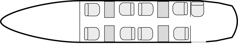 Plan d'aménagement intérieur de la cabine de Beechcraft King Air 350, court courrier, cabine de dimensions standard, nombre max. de passagers : 9, avec équipage : 2 pilotes, destiné à la location pour des vols à la demande en avion d'affaire.