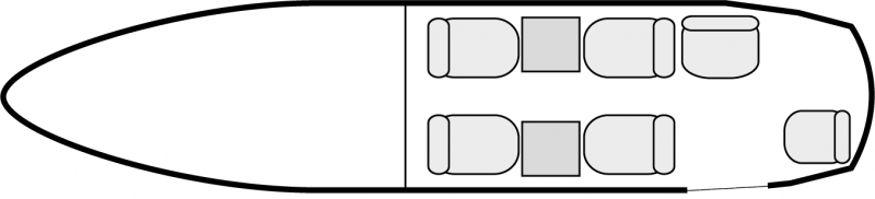 Plan d'aménagement intérieur de la cabine de Beechcraft King Air 90, court courrier, cabine de dimension standard, nombre max. de passagers : 7, avec équipage : 2 pilotes, destiné à la location pour des vols à la demande en avion taxi.