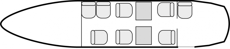 Plan d'aménagement intérieur de la cabine de Beechcraft Super King Air 200, court courrier, cabine de dimensions standard, nombre max. de passagers : 9, avec équipage : 2 pilotes, destiné à la location pour des vols à la demande en avion taxi.