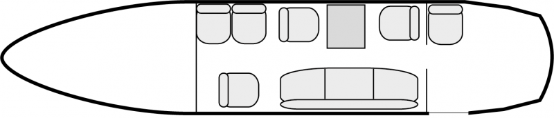 Autre plan d'aménagement intérieur de la cabine de Beechcraft Super King Air 200, court courrier, cabine de dimensions standard, nombre max. de passagers : 9, avec équipage : 2 pilotes, destiné à la location pour des vols à la demande en avion taxi.
