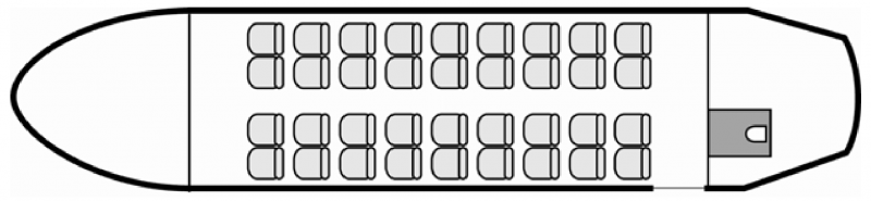 Plan d'aménagement intérieur de la cabine de Bombardier Dash 8-100, court courrier, aménagement de la cabine : avion de ligne, nombre max. de passagers : 37, avec équipage : 2 pilotes, 1 hôtesse, destiné à la location pour des vols à la demande en avion de ligne.