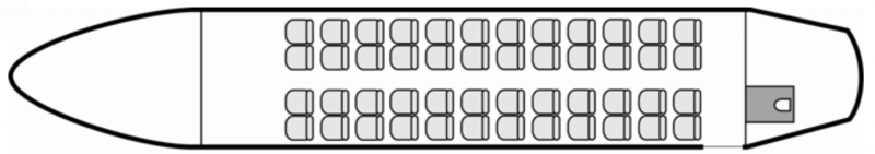 Plan d'aménagement intérieur de la cabine de Bombardier Dash 8-300, court courrier, aménagement de la cabine : avion de ligne, nombre max. de passagers : 50, avec équipage : 2 pilotes, 1 hôtesse, destiné à la location pour des vols à la demande en avion de ligne.