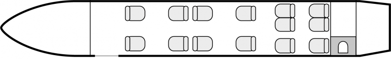 Plan d'aménagement intérieur de la cabine de Dornier 328 TP executive, court courrier, cabine de grandes dimensions, nombre max. de passagers : 19, avec équipage : 2 pilotes, 1 hôtesse, destiné à la location pour des vols à la demande en avion d'affaire.