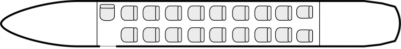 Plan d'aménagement intérieur de la cabine de Fairchild Dornier Metro 23, court courrier, cabine de dimensions standard, aménagement avion de ligne, nombre max. de passagers : 19, avec équipage : 2 pilotes, destiné à la location pour des vols à la demande en avion d'affaire.