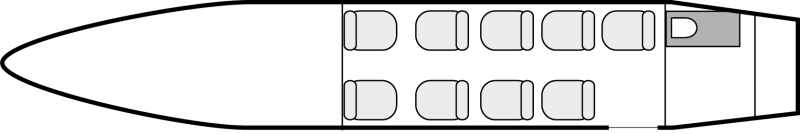 Plan d'aménagement intérieur de la cabine de Fairchild Merlin III, court courrier, cabine de dimensions standard, nombre max. de passagers : 9, avec équipage : 2 pilotes, destiné à la location pour des vols à la demande en avion taxi.