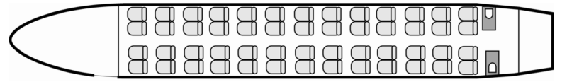 Plan d'aménagement intérieur de la cabine de Fokker 100 VIP, court et moyen courrier, cabine de très grandes dimensions, aménagement VIP, nombre max. de passagers : 52, avec équipage : 2 pilotes et 3 hôtesses, destiné à la location pour des vols à la demande en avion d'affaire.