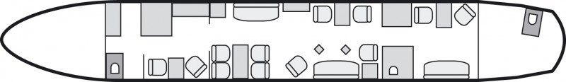 Plan d'aménagement intérieur de la cabine de Airbus A318 Elite, long courrier, cabine de très grandes dimensions, aménagement VIP, nombre max. de passagers : 19, avec équipage : 2 pilotes et 3 hôtesses, destiné à la location pour des vols à la demande en jet privé.