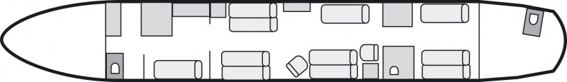 Autre plan d'aménagement intérieur de la cabine de Airbus A318 Elite, long courrier, cabine de très grandes dimensions, aménagement VIP, nombre max. de passagers : 19, avec équipage : 2 pilotes et 3 hôtesses, destiné à la location pour des vols à la demande en jet privé.