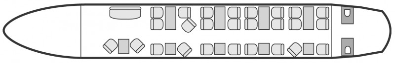 Plan d'aménagement intérieur de la cabine de Airbus A319 CJ, long courrier, cabine de très grande dimension, aménagement VIP, nombre max. de passagers : 44, avec équipage : 2 pilotes et 2 à 4 hôtesses, destiné à la location pour des vols à la demande en jet d'affaire.