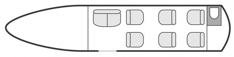 Plan d'aménagement intérieur de la cabine de Cessna Citation Excel, court et moyen courrier, cabine de dimensions moyennes, nombre max. de passagers : 8, avec équipage : 2 pilotes, destiné à la location pour des vols à la demande en jet privé.