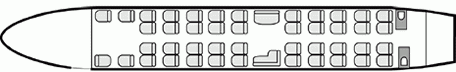 Plan d'aménagement intérieur de la cabine de Boeing 737 VIP, long courrier, cabine de très grande dimension, aménagement VIP, nombre max. de passagers : 62, avec équipage : 2 pilotes et 2 à 6 hôtesses, destiné à la location pour des vols à la demande en jet privé.