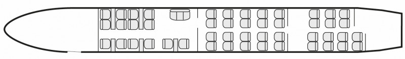 Plan d'aménagement intérieur de la cabine de Boeing 757 Executive, long courrier, cabine de très grandes dimensions, aménagement VIP, nombre max. de passagers : 52, avec équipage : 2 pilotes et 2 à 6 hôtesses, destiné à la location pour des vols à la demande en jet d'affaire.