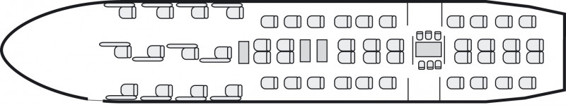 Plan d'aménagement intérieur de la cabine de Boeing 767 Executive, long courrier, cabine de très grande dimension, aménagement VIP, nombre max. de passagers : 50, avec équipage : 2 pilotes et 2 à 6 hôtesses, destiné à la location pour des vols à la demande en jet d'affaire.
