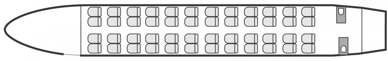 Plan d'aménagement intérieur de la cabine de Boeing Business Jet BBJ, long courrier, cabine de très grande dimension, aménagement VIP, nombre max. de passagers : 44, avec équipage : 2 pilotes et 2 à 4 hôtesses, destiné à la location pour des vols à la demande en jet privé.