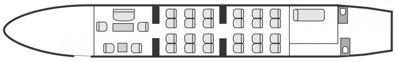 Autre plan d'aménagement intérieur de la cabine de Boeing Business Jet BBJ, long courrier, cabine de très grande dimension, aménagement VIP, nombre max. de passagers : 44, avec équipage : 2 pilotes et 2 à 4 hôtesses, destiné à la location pour des vols à la demande en jet privé.