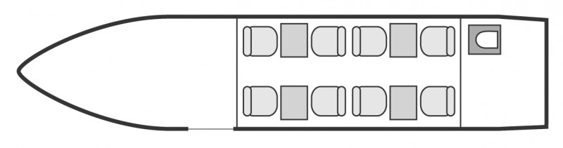 Plan d'aménagement intérieur de la cabine de Cessna Citation X, long courrier, cabine de dimensions moyennes, nombre max. de passagers : 8, avec équipage : 2 pilotes, destiné à la location pour des vols à la demande en jet privé.