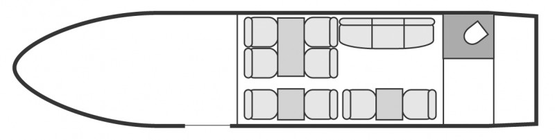 Plan d'aménagement intérieur de la cabine de Bombardier Challenger 604, long courrier, cabine de grandes dimensions, aménagement VIP, nombre max. de passagers : 18, avec équipage : 2 pilotes et 1 hôtesse, destiné à la location pour des vols à la demande en jet privé.